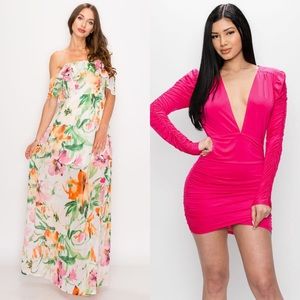 Floral print maxi dress and Plunged Mini Dress